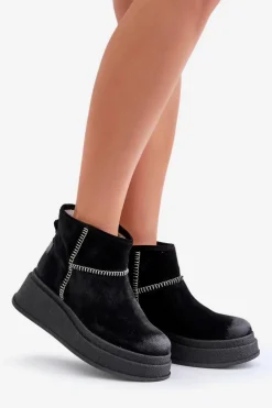 Skórzane Zamszowe Śniegowce Botki Na Platformie I Koturnie Maciejka 06769-01 Czarne