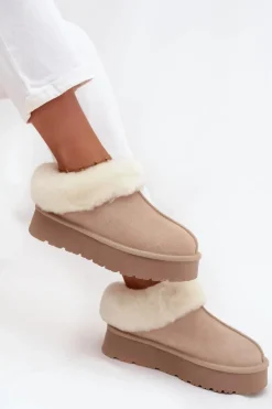 Skórzane Zamszowe Śniegowce Damskie Z Futerkiem Beżowe Mivelle