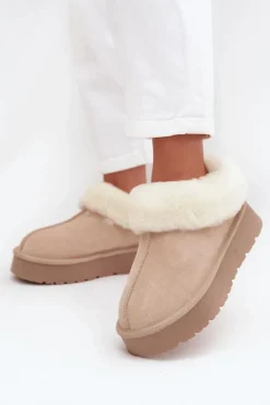 Skórzane Zamszowe Śniegowce Damskie Z Futerkiem Beżowe Mivelle