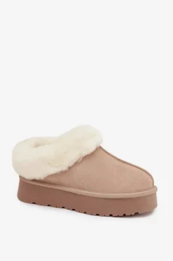 Skórzane Zamszowe Śniegowce Damskie Z Futerkiem Beżowe Mivelle