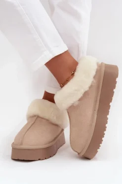 Skórzane Zamszowe Śniegowce Damskie Z Futerkiem Beżowe Mivelle