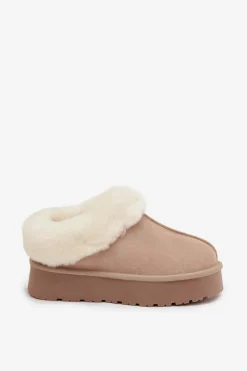 Skórzane Zamszowe Śniegowce Damskie Z Futerkiem Beżowe Mivelle