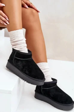 Skórzane Zamszowe Śniegowce Na Platformie Czarne Nereviana