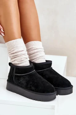 Skórzane Zamszowe Śniegowce Na Platformie Czarne Nereviana