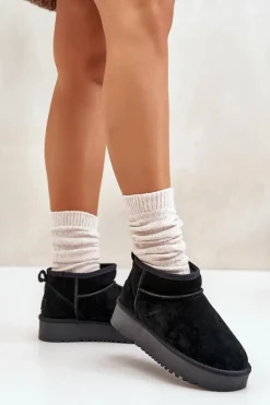 Skórzane Zamszowe Śniegowce Na Platformie Czarne Nereviana