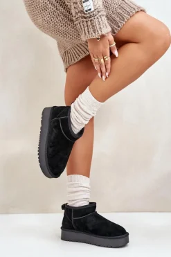 Skórzane Zamszowe Śniegowce Na Platformie Czarne Nereviana