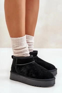 Skórzane Zamszowe Śniegowce Na Platformie Czarne Nereviana