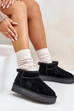 Skórzane Zamszowe Śniegowce Na Platformie Czarne Nereviana