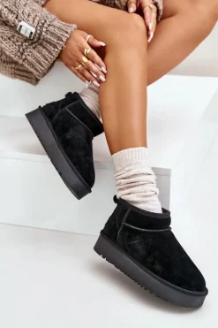 Skórzane Zamszowe Śniegowce Na Platformie Czarne Nereviana