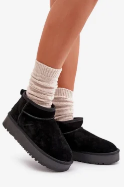 Skórzane Zamszowe Śniegowce Na Platformie Czarne Nereviana