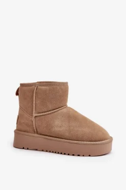 Skórzane Zamszowe Śniegowce Na Platformie Za Kostkę Beżowe Rianaella