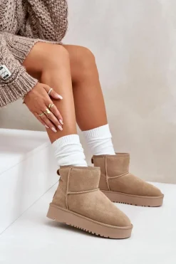 Skórzane Zamszowe Śniegowce Na Platformie Za Kostkę Beżowe Rianaella