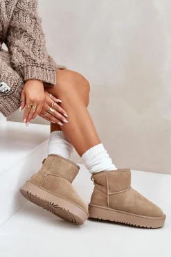 Skórzane Zamszowe Śniegowce Na Platformie Za Kostkę Beżowe Rianaella