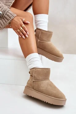 Skórzane Zamszowe Śniegowce Na Platformie Za Kostkę Beżowe Rianaella
