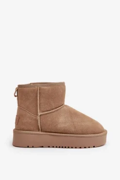 Skórzane Zamszowe Śniegowce Na Platformie Za Kostkę Beżowe Rianaella