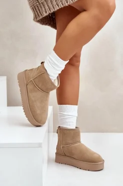 Skórzane Zamszowe Śniegowce Na Platformie Za Kostkę Beżowe Rianaella