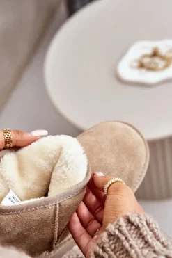 Skórzane Zamszowe Śniegowce Na Platformie Za Kostkę Beżowe Rianaella