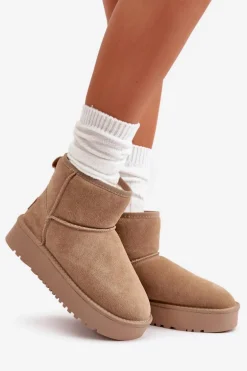 Skórzane Zamszowe Śniegowce Na Platformie Za Kostkę Beżowe Rianaella