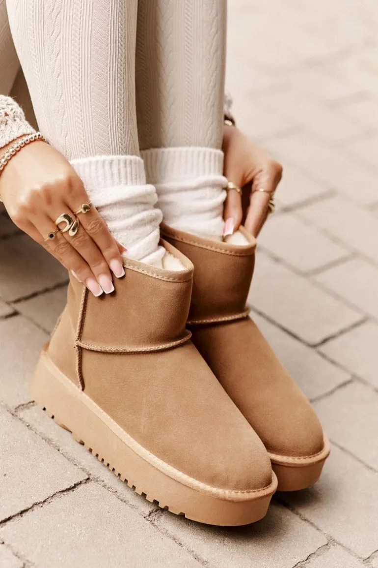 Skórzane Zamszowe Śniegowce Na Platformie Za Kostkę Camel Rianaella