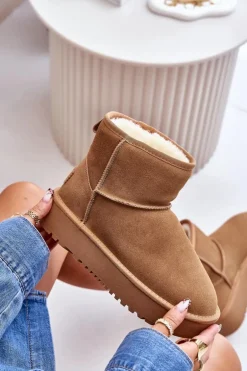 Skórzane Zamszowe Śniegowce Na Platformie Za Kostkę Camel Rianaella