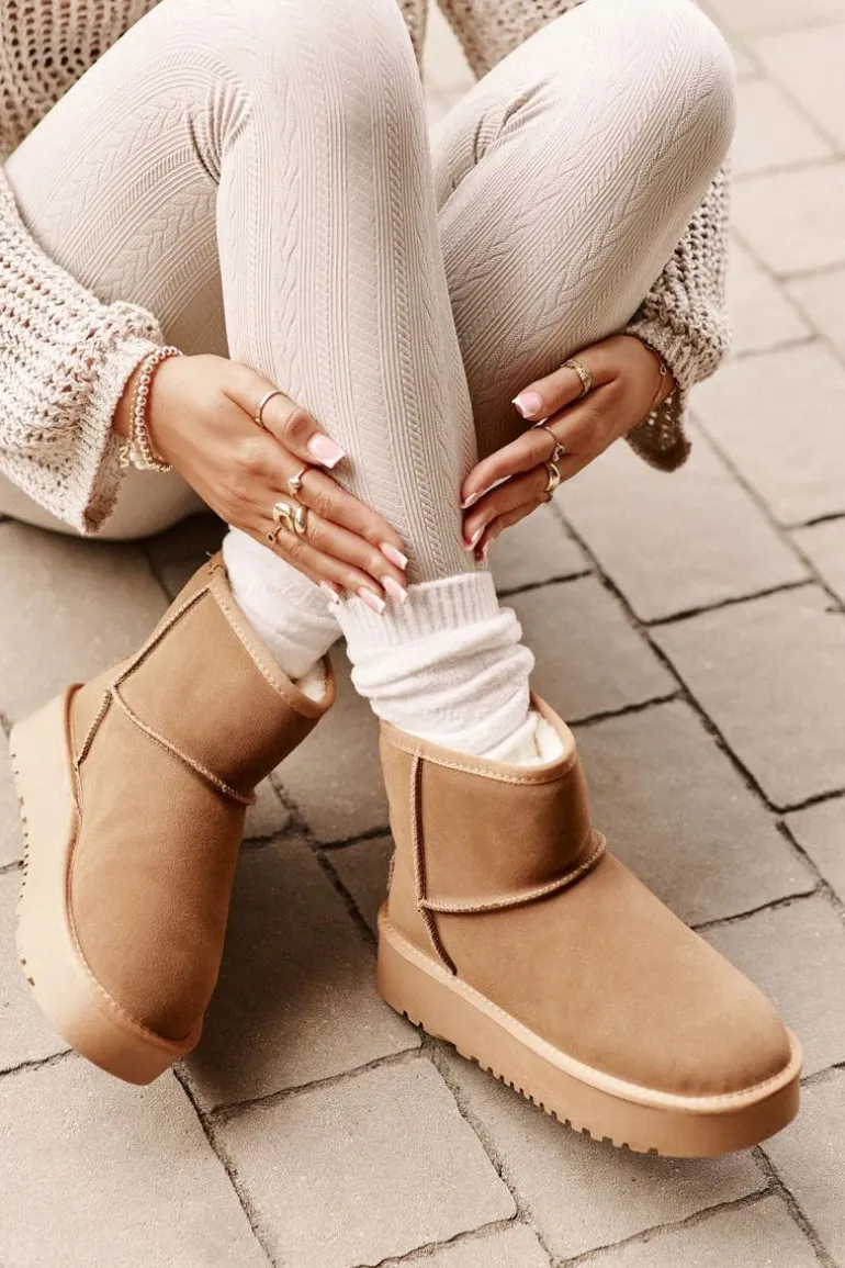 Skórzane Zamszowe Śniegowce Na Platformie Za Kostkę Camel Rianaella