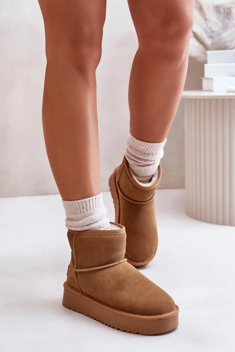 Skórzane Zamszowe Śniegowce Na Platformie Za Kostkę Camel Rianaella