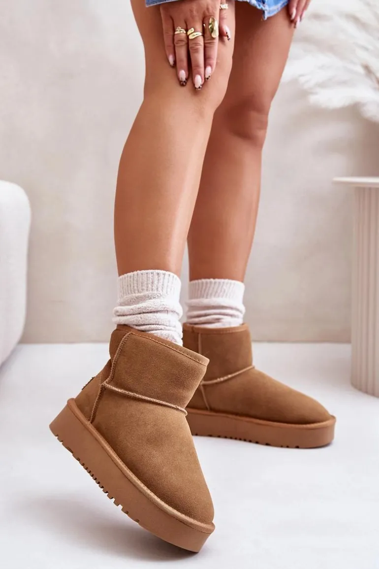 Skórzane Zamszowe Śniegowce Na Platformie Za Kostkę Camel Rianaella