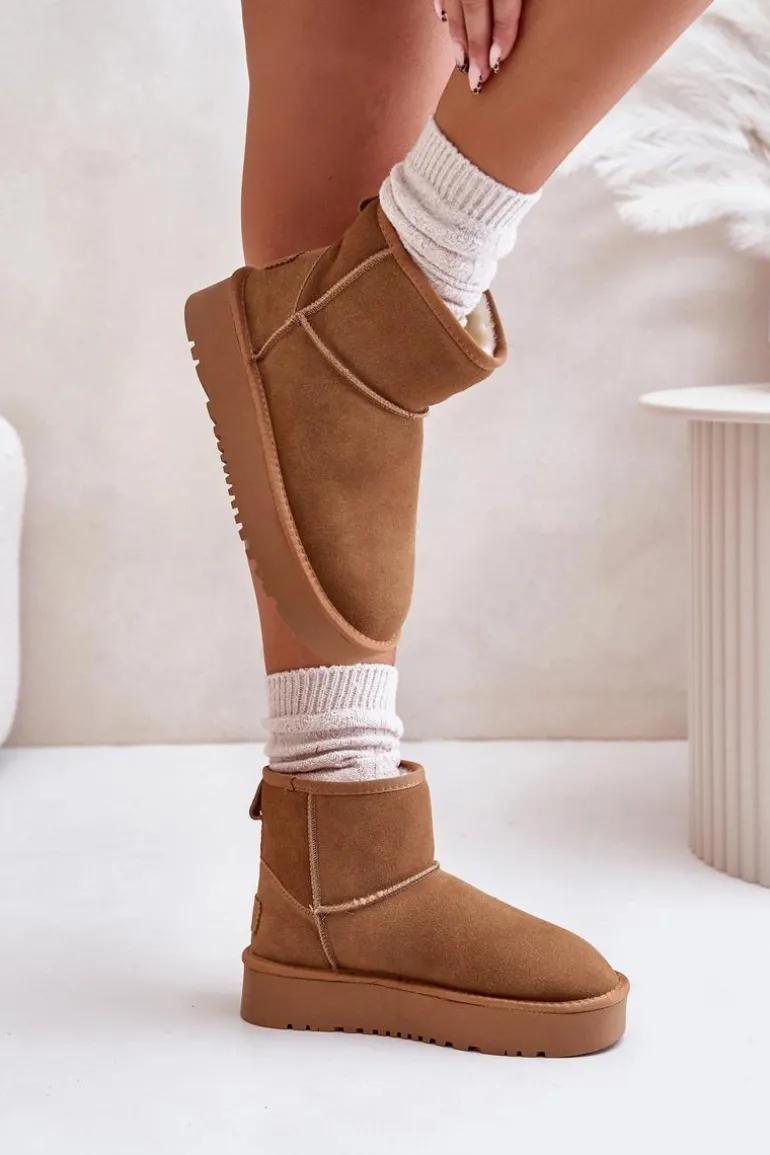 Skórzane Zamszowe Śniegowce Na Platformie Za Kostkę Camel Rianaella