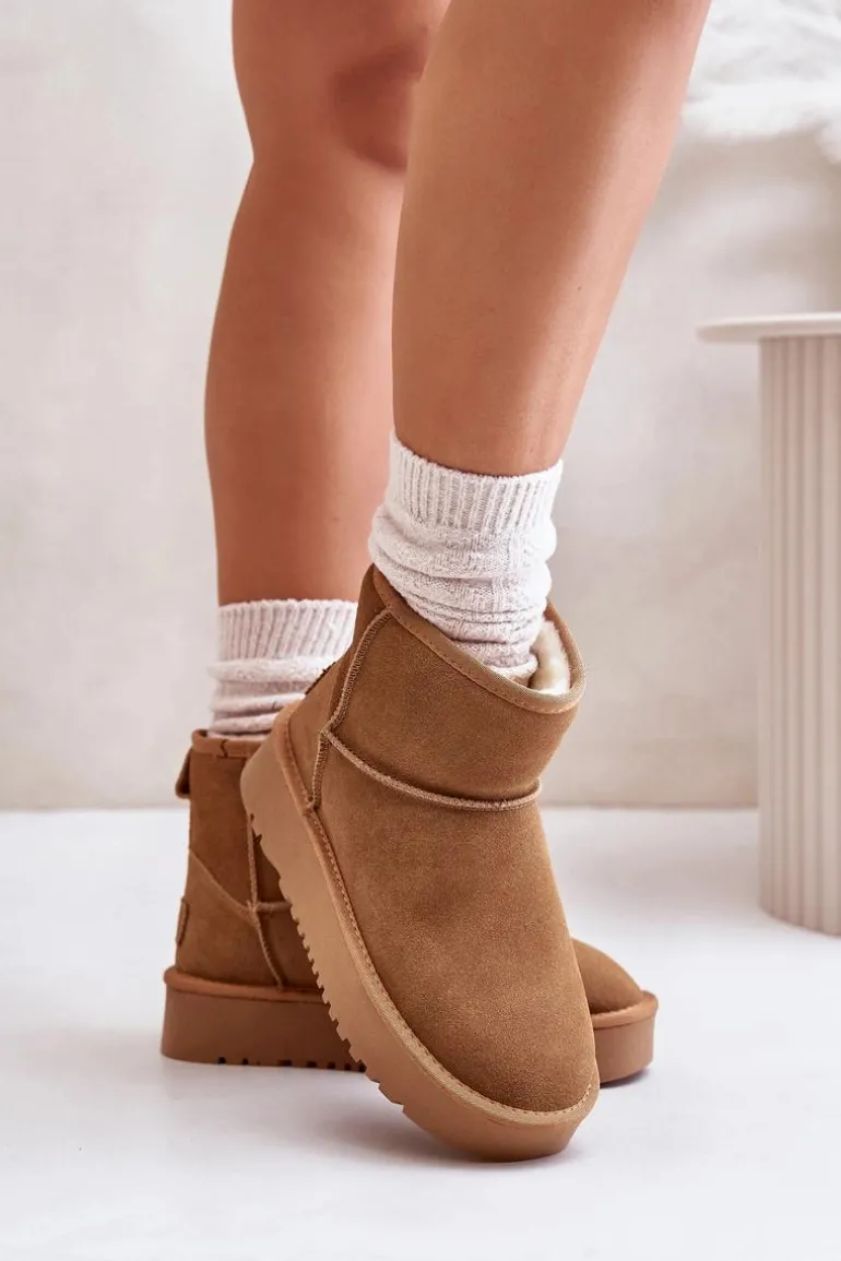 Skórzane Zamszowe Śniegowce Na Platformie Za Kostkę Camel Rianaella