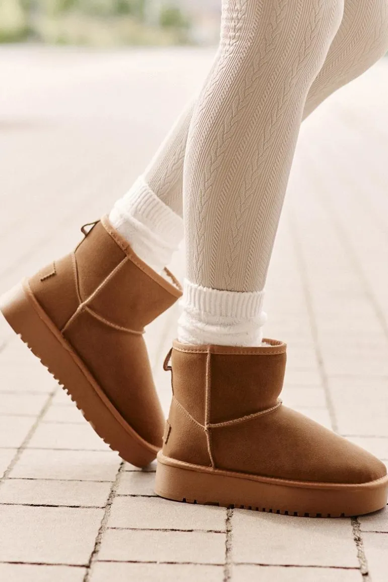 Skórzane Zamszowe Śniegowce Na Platformie Za Kostkę Camel Rianaella