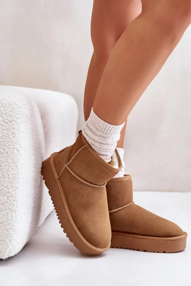 Skórzane Zamszowe Śniegowce Na Platformie Za Kostkę Camel Rianaella