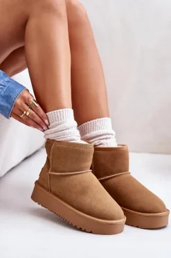 Skórzane Zamszowe Śniegowce Na Platformie Za Kostkę Camel Rianaella