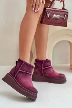 Skórzane Zamszowe Śniegowce Botki Na Platformie I Koturnie Maciejka 06769-23 Bordowe
