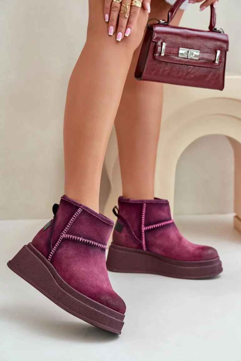 Skórzane Zamszowe Śniegowce Botki Na Platformie I Koturnie Maciejka 06769-23 Bordowe