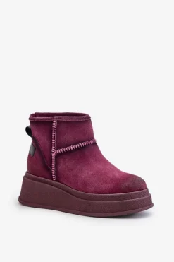 Skórzane Zamszowe Śniegowce Botki Na Platformie I Koturnie Maciejka 06769-23 Bordowe
