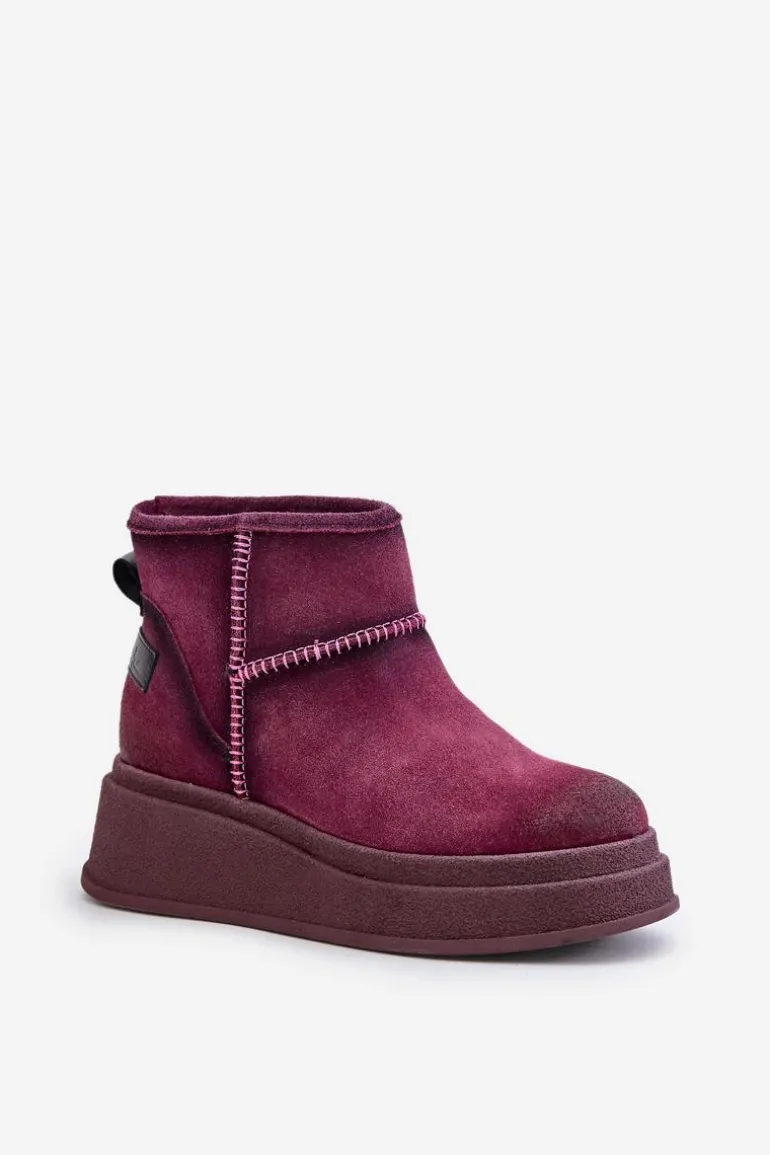 Skórzane Zamszowe Śniegowce Botki Na Platformie I Koturnie Maciejka 06769-23 Bordowe