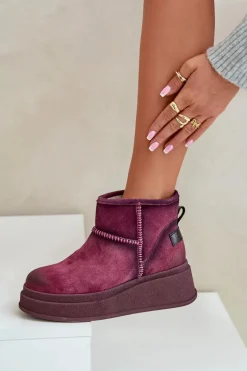 Skórzane Zamszowe Śniegowce Botki Na Platformie I Koturnie Maciejka 06769-23 Bordowe