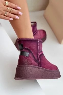 Skórzane Zamszowe Śniegowce Botki Na Platformie I Koturnie Maciejka 06769-23 Bordowe