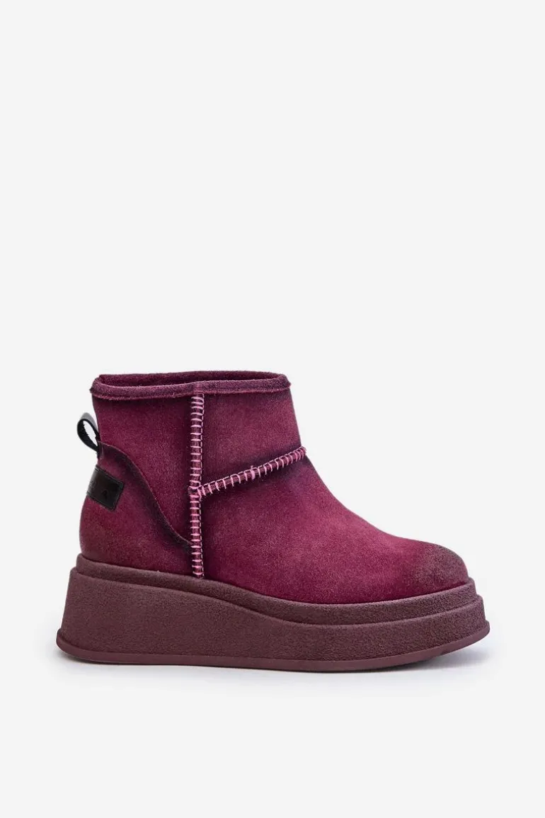 Skórzane Zamszowe Śniegowce Botki Na Platformie I Koturnie Maciejka 06769-23 Bordowe