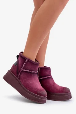 Skórzane Zamszowe Śniegowce Botki Na Platformie I Koturnie Maciejka 06769-23 Bordowe