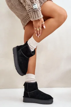 Skórzane Zamszowe Śniegowce Na Platformie Za Kostkę Czarne Rianaella
