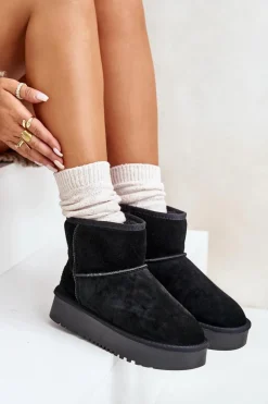Skórzane Zamszowe Śniegowce Na Platformie Za Kostkę Czarne Rianaella