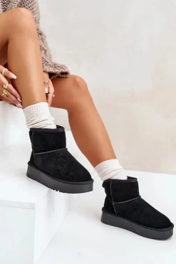 Skórzane Zamszowe Śniegowce Na Platformie Za Kostkę Czarne Rianaella