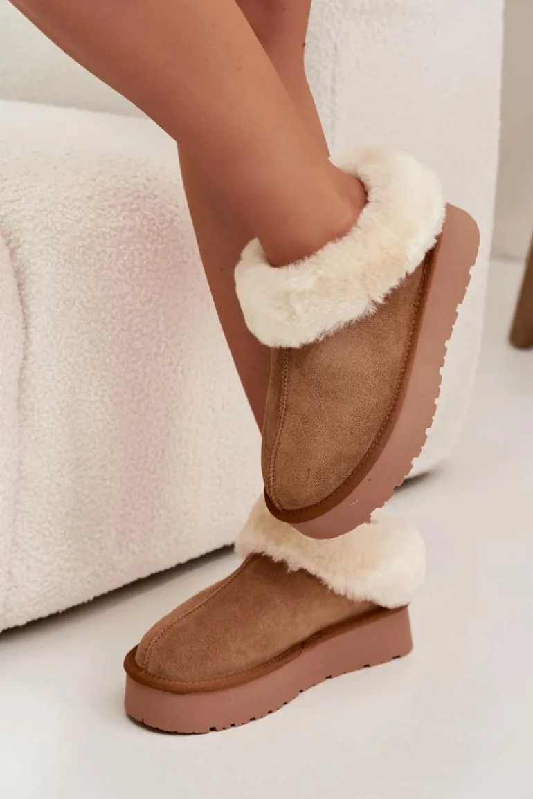 Skórzane Zamszowe Śniegowce Damskie Z Futerkiem Camel Mivelle