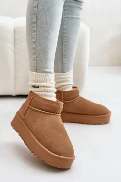 Skórzane Zamszowe Śniegowce Na Platformie Camel Nereviana