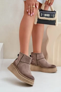 Skórzane Zamszowe Śniegowce Botki Na Platformie I Koturnie Maciejka 06769-02 Ciemnobrązowe