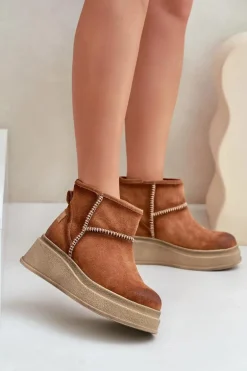 Skórzane Zamszowe Śniegowce Botki Na Platformie I Koturnie Maciejka 06769-29 Brązowe