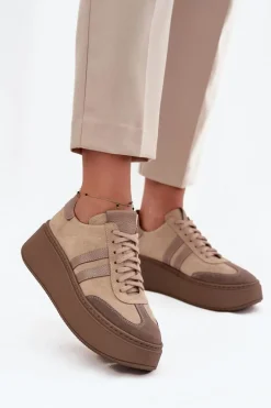 Skórzane Zamszowe Sneakersy Damskie Na Platformie Zazoo 3775 Beżowe