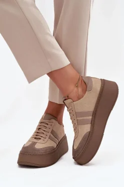 Skórzane Zamszowe Sneakersy Damskie Na Platformie Zazoo 3775 Beżowe