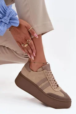 Skórzane Zamszowe Sneakersy Damskie Na Platformie Zazoo 3775 Beżowe